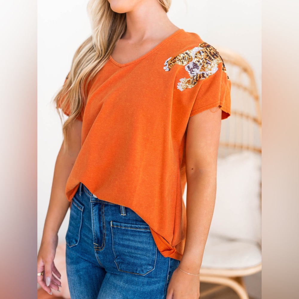 Orange Tiger Sequin Patch Top - image 1
